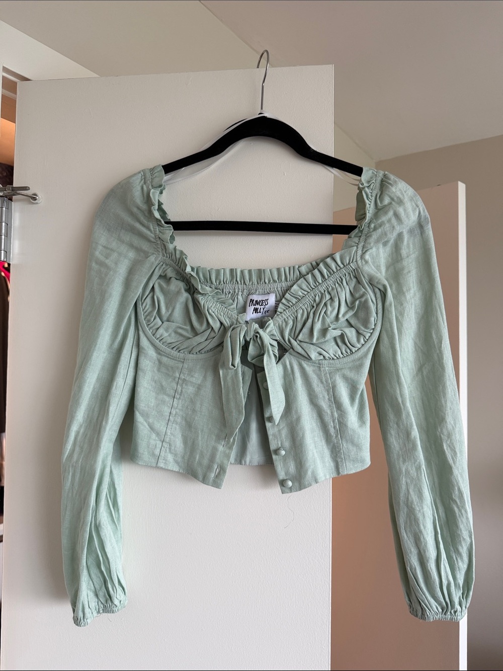 Princess Polly Mint Green Ruched Tie-Front Crop Blouse